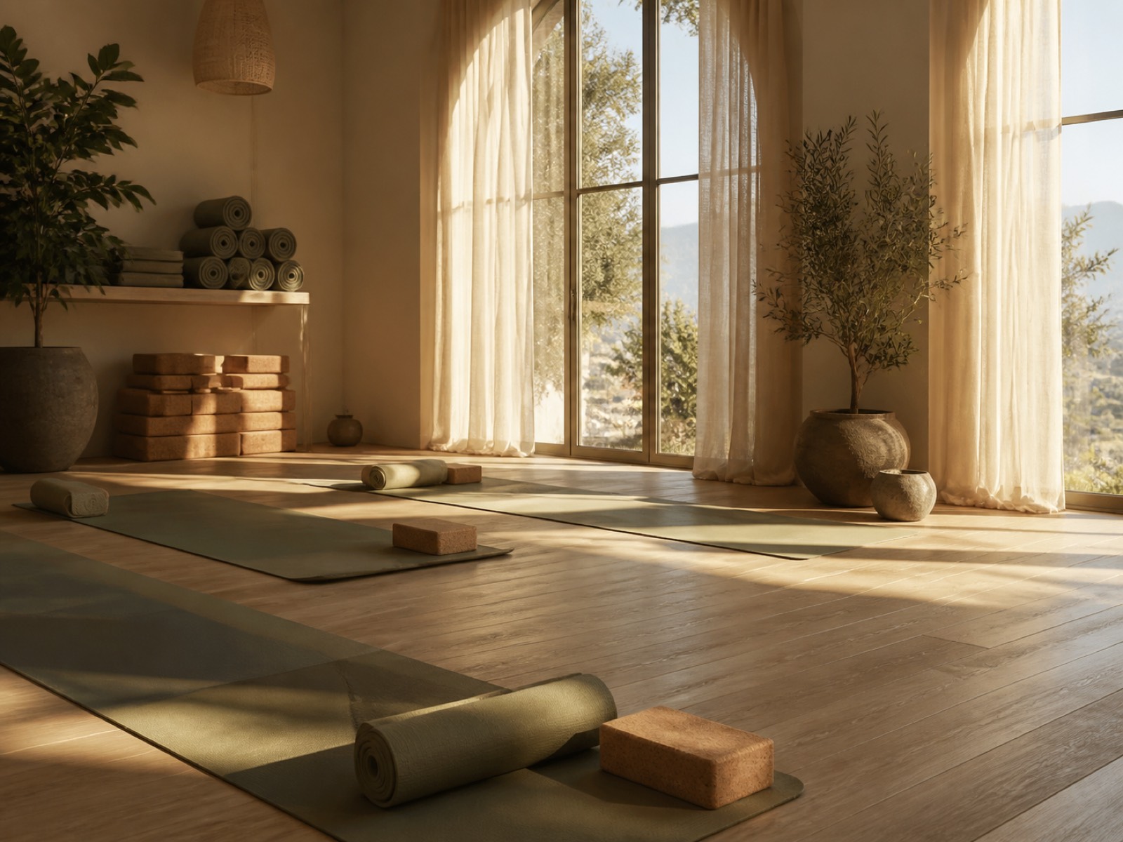 Studio de yoga lumineux, tapis déroulés devant une grande baie vitrée