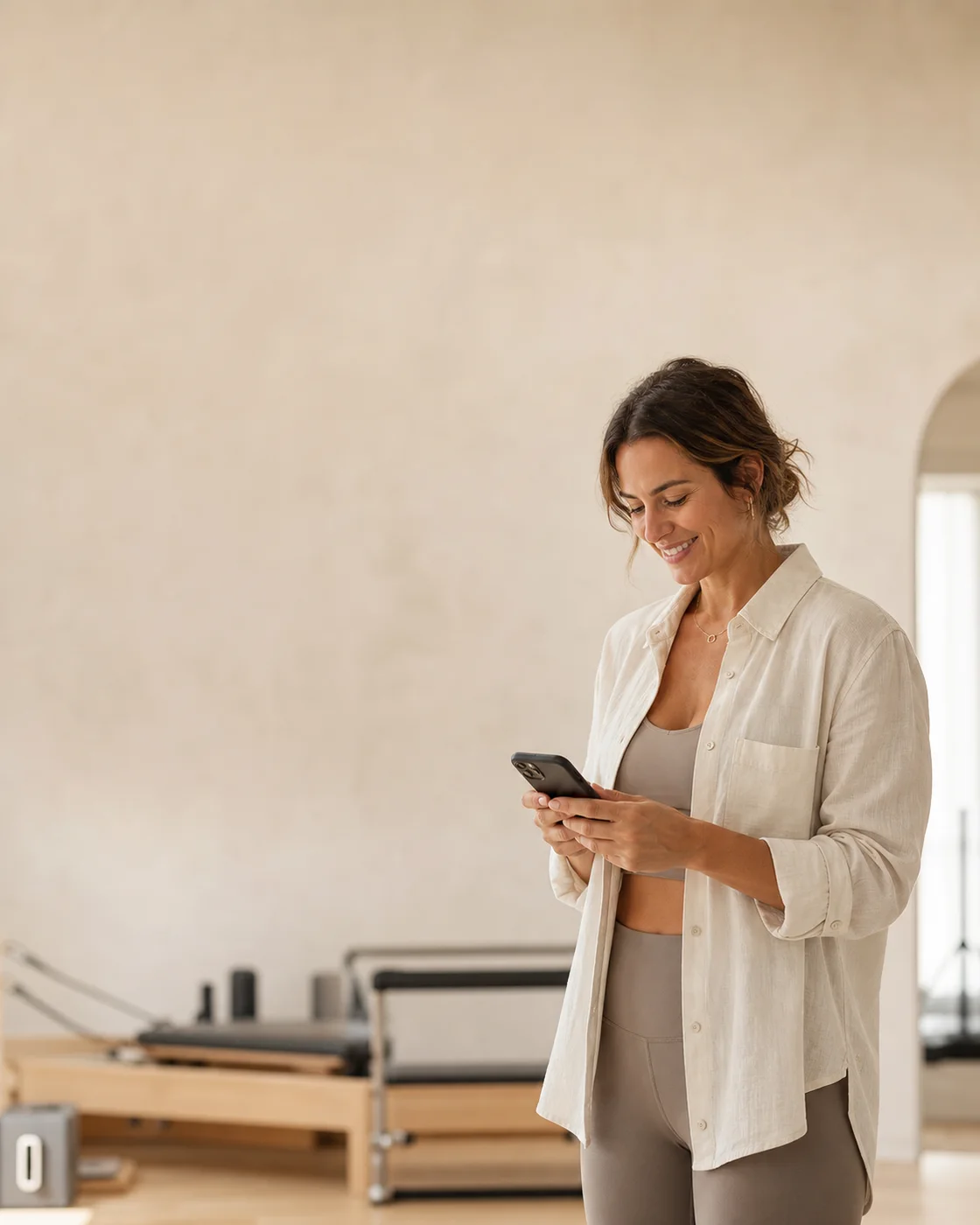 Une gérante de studio consulte son téléphone dans un espace de Pilates lumineux